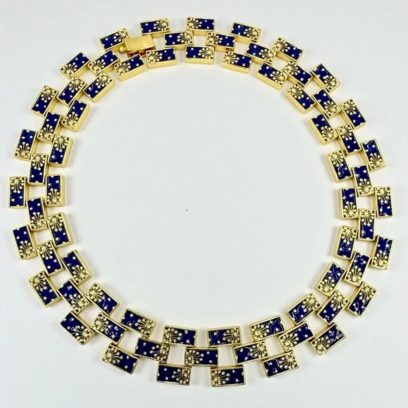 Rare Lulu Frost Signed Blue Enamel Gold Statement Necklace 17” Excellent Cond. - Picture 8 of 17